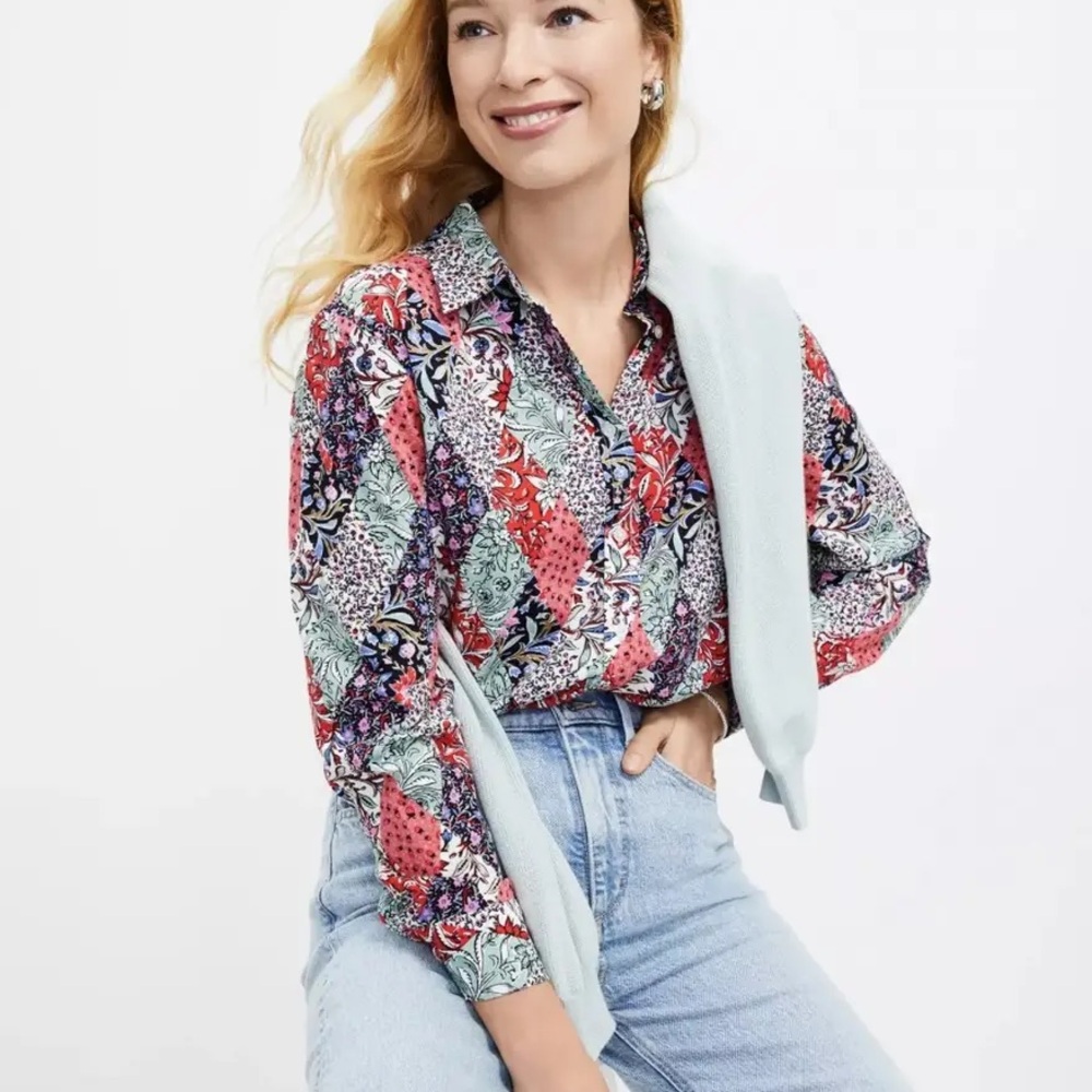 Loft Bloom Patchwork Long Sleeve Button Down Top Women’s Size Large Petite